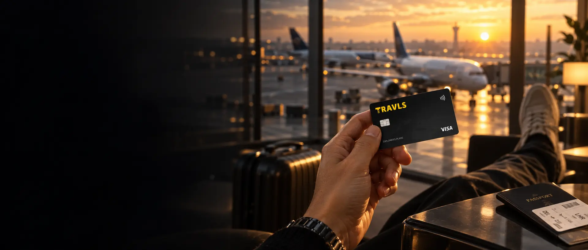 A traveller holding a black Travls card up to an airport window at sunset