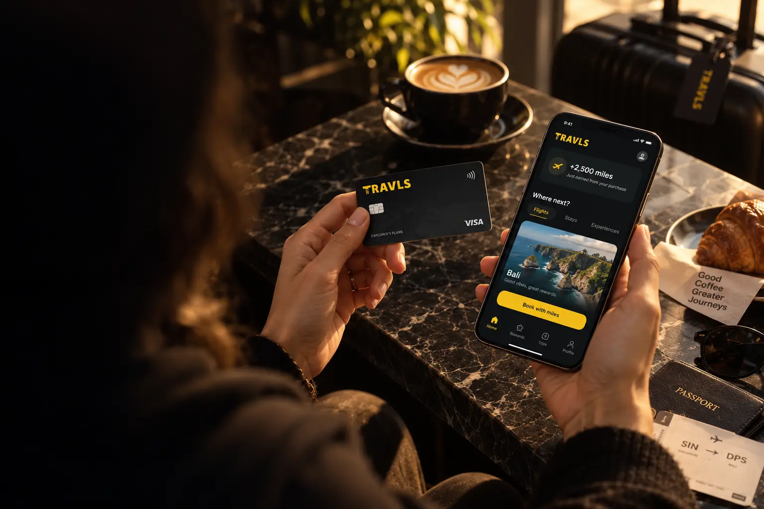 A Travls card held beside a phone showing the Travls app's miles balance and a Bali booking