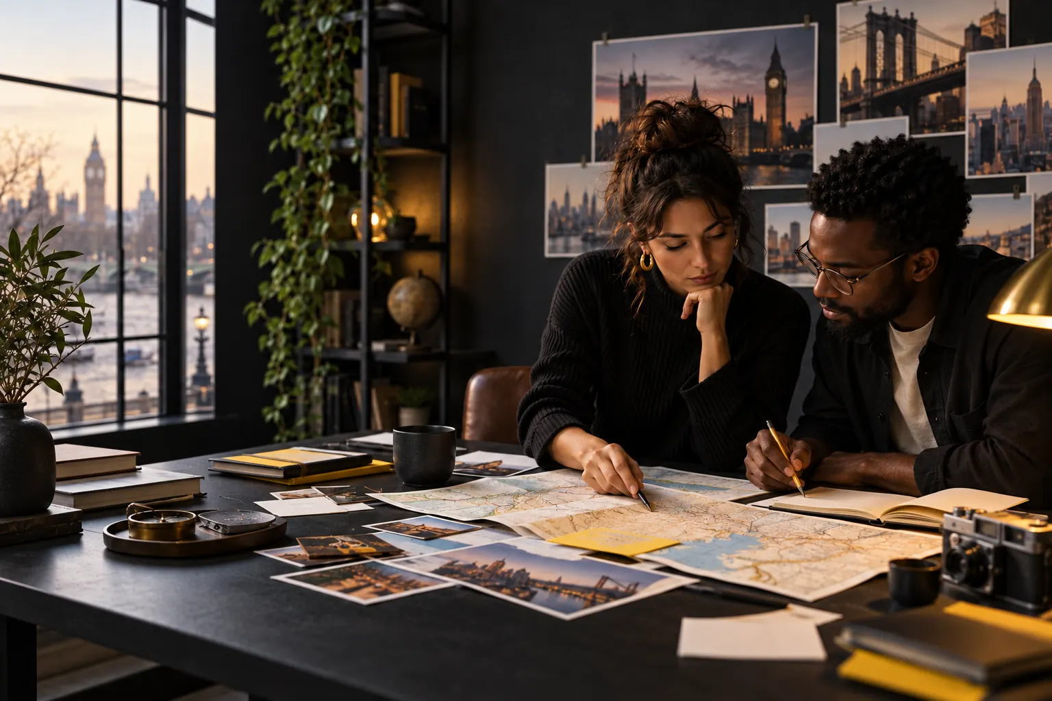 Two colleagues working through a route on a paper map by lamplight, with Big Ben in the window behind them