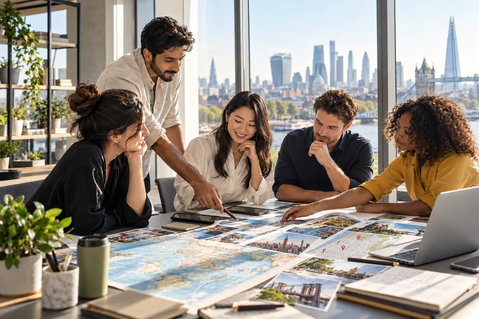 Travls colleagues planning around a table of maps and city photographs, with the London skyline behind them